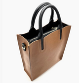 Brown handbag with black handles on a white background
