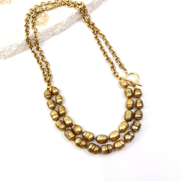 34' Necklace, 14k GP Satin flat cable chain & FW gold electroplate pearls_doubled up