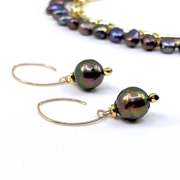  Gold Filled Double Take Earrings with Black Peacock Pearls and  pyrite