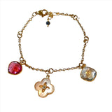 GF Double ring Bracelet with 3 charms/Mother of Pearl Clover with center CZ, Tourmaline quartz Charm, and Copper infused Quartz Charm