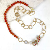 36" Vintage Carnelian King Necklace with big twisted marquise & round chain links, faceted carnelian beads, Rainbow Moonstone, & pearl