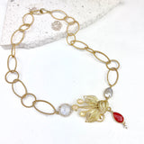 18" Vin. Carnelian King Necklace with big twisted Marquise & Round Chain Links, Vermeil Moonstone/cz Bezel, Vermeil Carnelian Bezel, Vermeil White Pearl Bezel