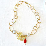 18" Vin. Carnelian King Necklace with big twisted Marquise & Round Chain Links, Vermeil Moonstone/cz Bezel, Vermeil Carnelian Bezel, Vermeil White Pearl Bezel