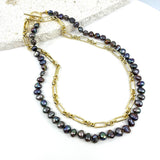 22k Heavy GP Paperclip/Rolo Chain & FW Black Peacock Pearls