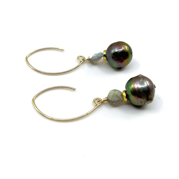 GF curved V shape ear wires with labradorite, gold disc separator and 10mm black peacock pearls