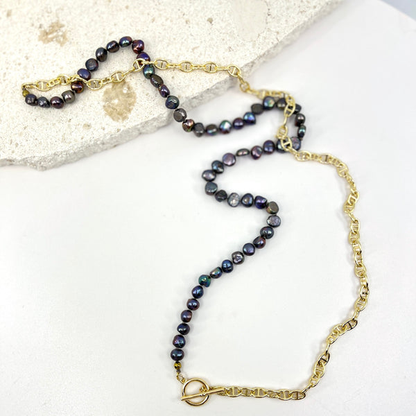 22k Heavy GP Anchor Chain & Peacock Pearl Necklace