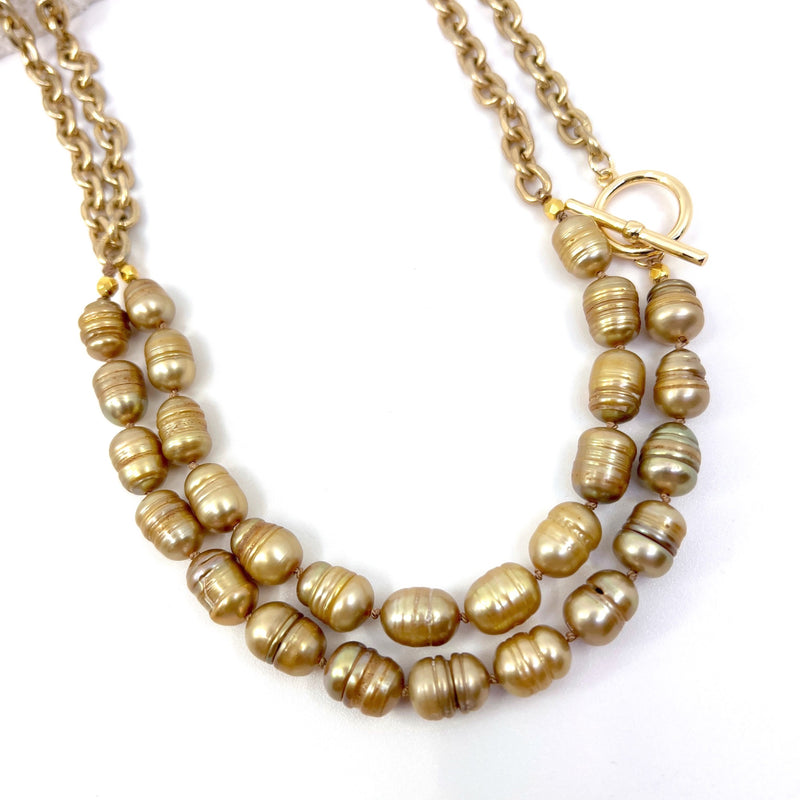 34' Necklace, 14k GP Satin flat cable chain & FW gold electroplate pearls_closer look