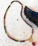 A beaded necklace with small multicolored gemstone beads, gold-toned spacer accents, and a gold toggle clasp with a round red gemstone pendant, displayed on a light textured surface next to a dark wing-shaped object.