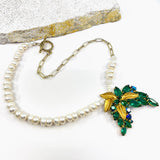 Green Ivy Pearl Necklace with Vintage Pin_top view