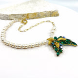 Green Ivy Pearl Necklace with Vintage Pin