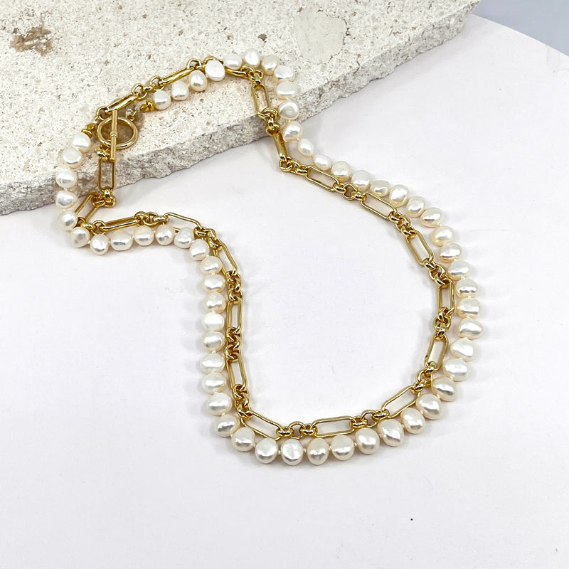 Double Up with this 22k Heavy Gp paperclip chain & Pearl Necklace