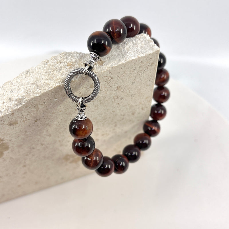 Red Mahogany Tigereye Men's Bracelet with sterling silver twisted clasp & details_closer look