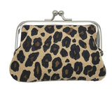 A leopard print kiss-lock clutch purse with a silver-tone metal frame and clasp closure, shown against a plain white background.