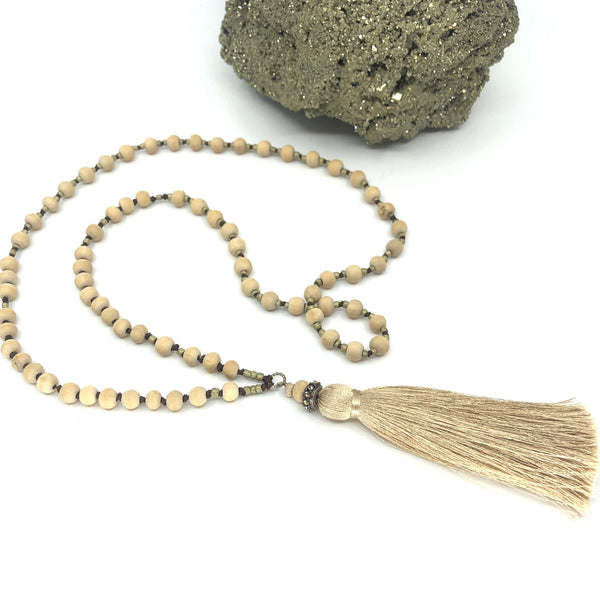Om 1 Necklace, wood & Silk tassel