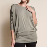 Model wearing Bamboo Dolman Drape Top_Olive