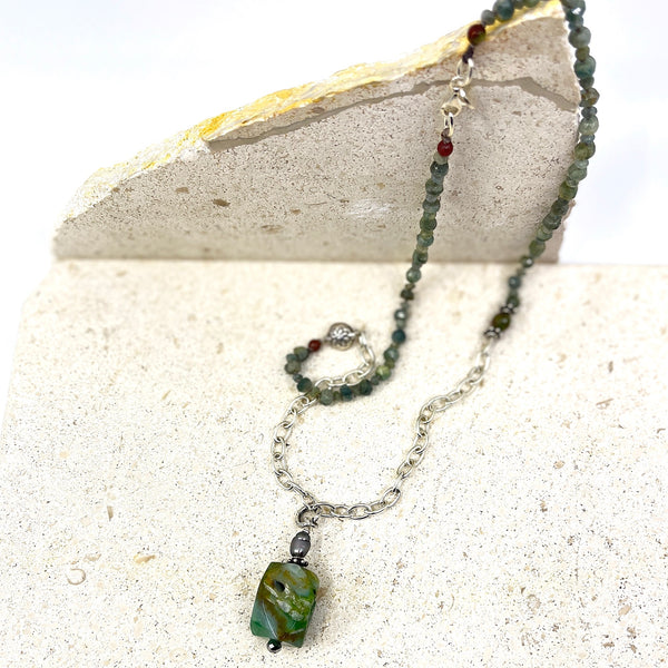 SS Charmed Necklace with Moss Aquamarine and Green Quartz