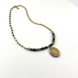 Vintage Brass Locket & Green Jasper Necklace