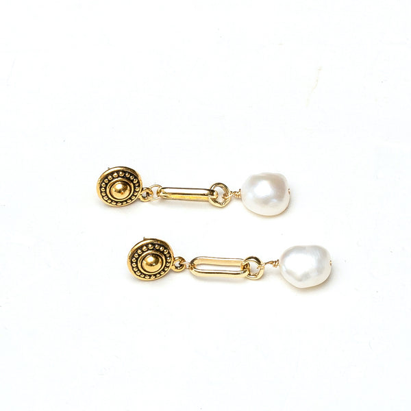 Gold filled Shield Post earrings with white fresh water  pearls