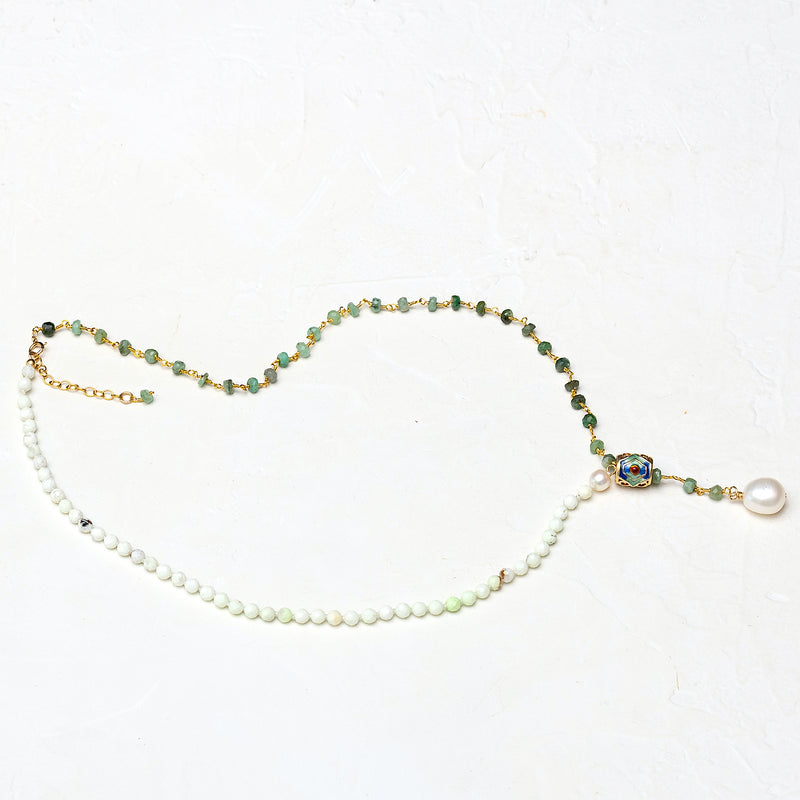 Raw Emerald & Peruvian Opal Necklace with an Enamel Barrel bead and Teardrop Pearl