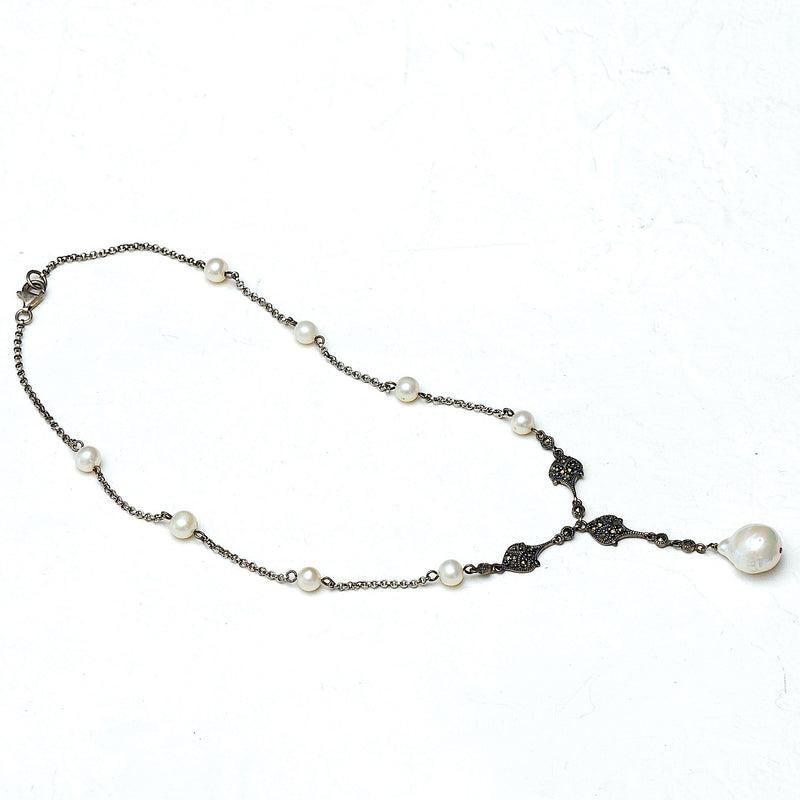 925 Vintage Marcasite & Baroque Pearl Necklace