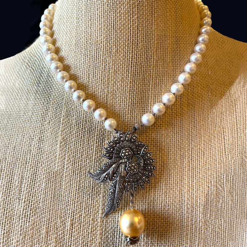 Vintage Marcasite & Pearl Necklace on neck form