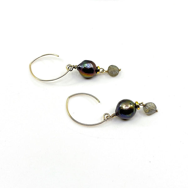 Double Take 2 Earrings_GF with black peacock pearls and labradorite.