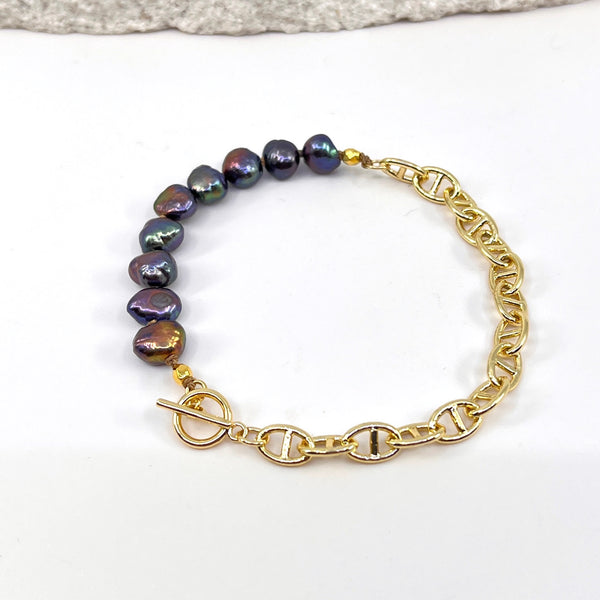 Double Take Anchor Bracelet with gold & black peacock pearls