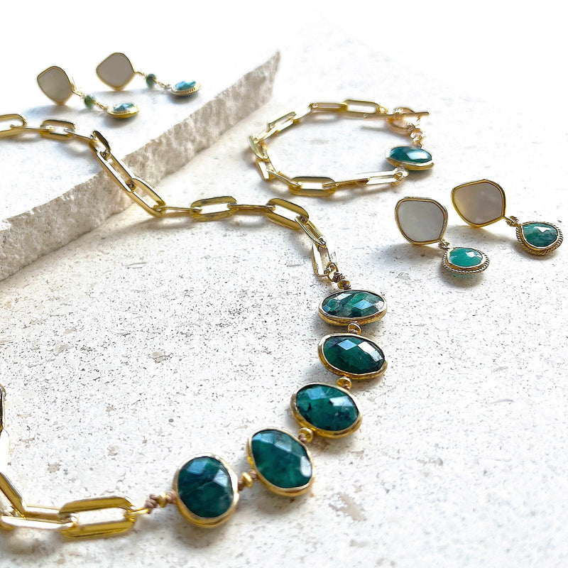 Raw Emerald Bezel Collection with Necklace, bracelet, earrings