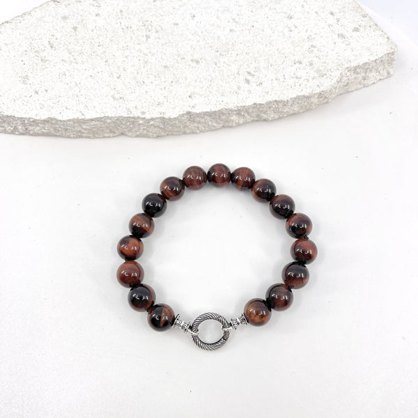 Red Mahogany Tigereye Men's Bracelet with sterling silver twisted clasp & details_top view
