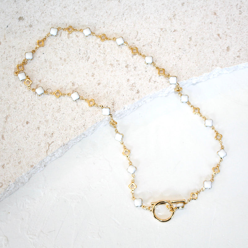 24k Electroplate & Enamel Clover Chain Necklace_White