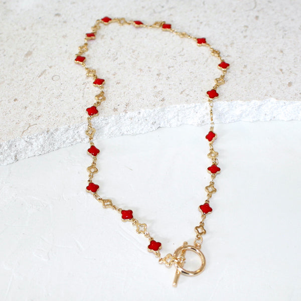 24k Electroplate & Enamel Clover Chain Necklace_Red