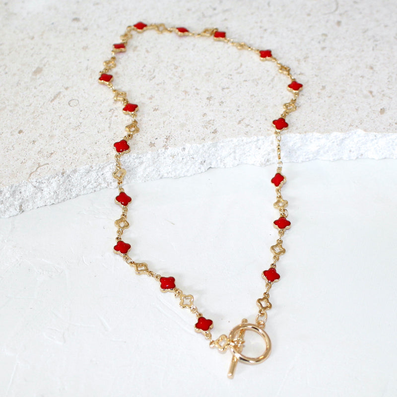 24k Electroplate & Enamel Clover Chain Necklace_Red