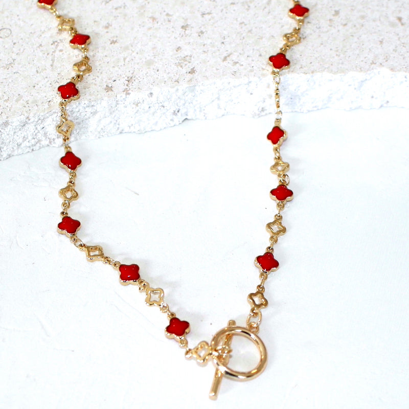 24k Electroplate & Enamel Clover Chain Necklace_Red