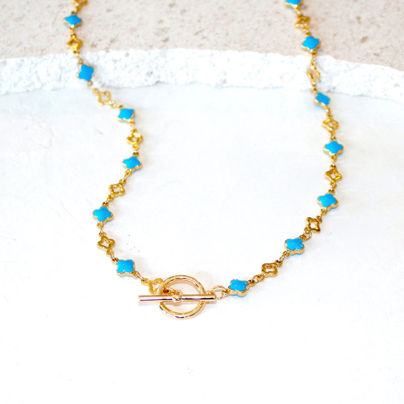 24k Electroplate & Enamel Clover Chain Necklace_Turquoise_closer look