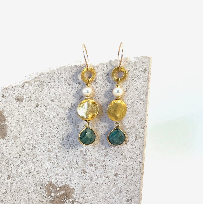 Raw Emerald & Vermeil Earrings_frontal view hanging 