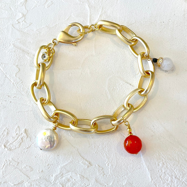 Chunky Carnelian King Bracelet with gold satin finish cable chain and charms: Carnelian, Moonstone, Pearl, Crystal
