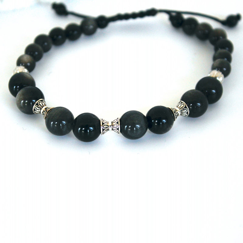 Silver Obsidian Men's Shambala Bracelet with sterling silver_closer look