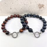 Men's Blue-Gray Hawks Eye and Mahogany Tigers Eye Bracelet with sterling silver twisted ring clasp 