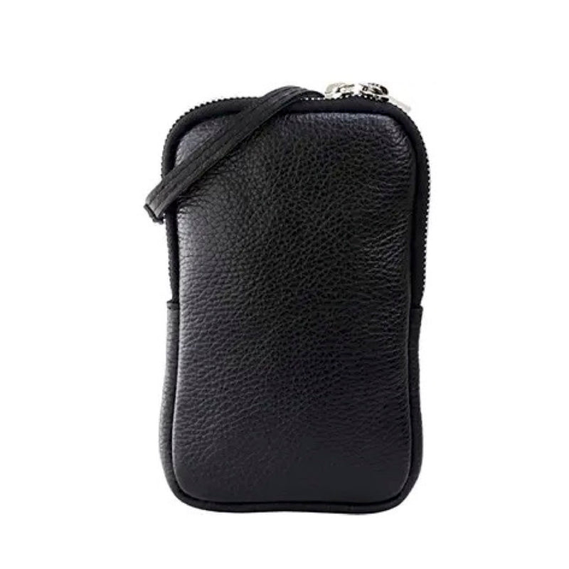 Black_ tumbled leather crossbody phone bag