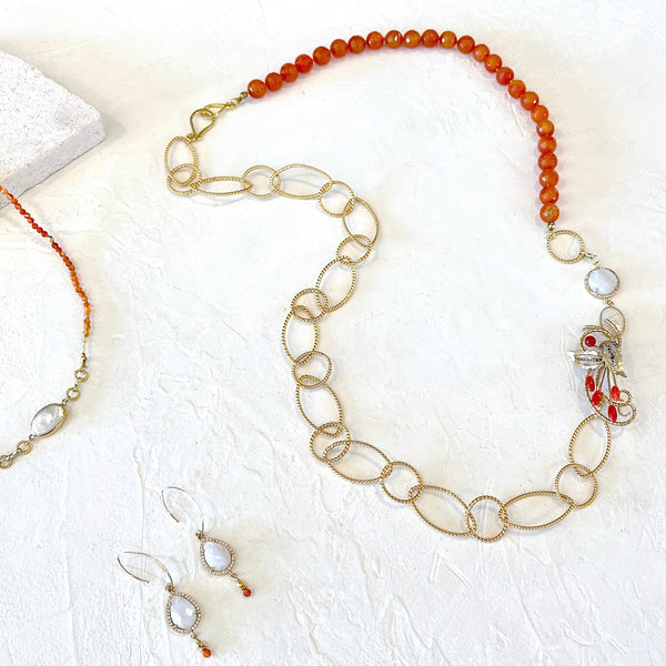 36" Vintage Carnelian King Necklace and Rainbow Moonstone Earrings