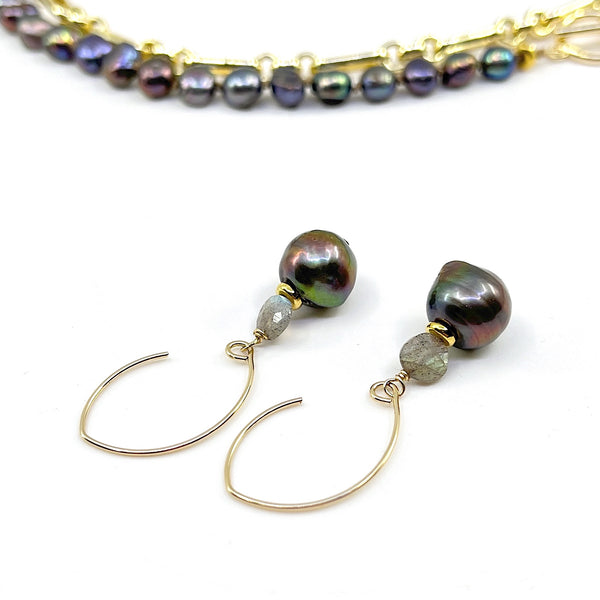  Gold Filled Double Take Earrings with Black Peacock Pearls and Labradorite