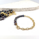 Double Take Anchor Bracelet with gold & black peacock pearls_showing necklace