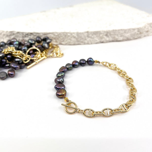 Double Take Anchor Bracelet with gold & black peacock pearls_showing necklace