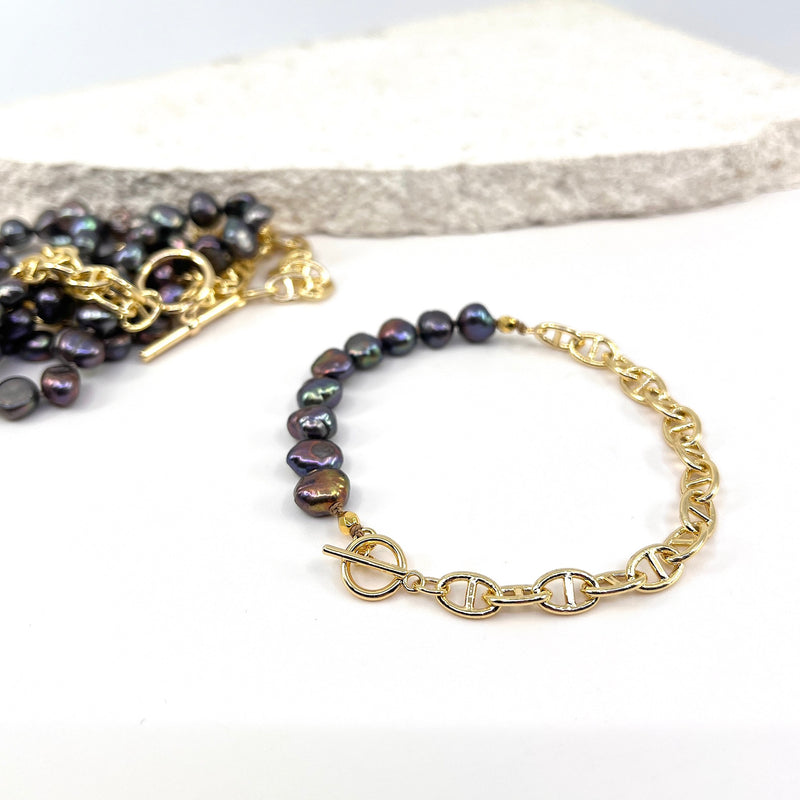Double Take Anchor Bracelet with gold & black peacock pearls_showing necklace