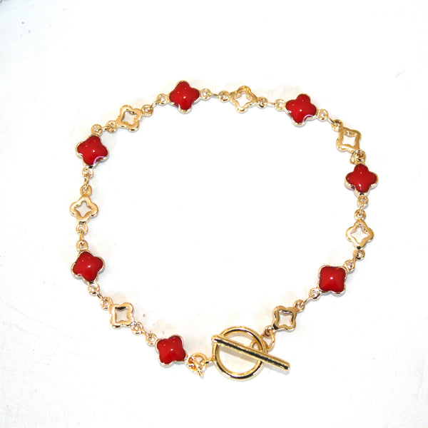 24k electroplate and enamel clover bracelet_red