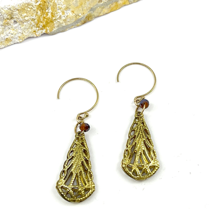 Filagree stamped Brass earrings with Czech Crystal