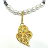 Necklace with a 24k Vermeil Filagree Heart pendant with pearls and gemstones_closer look
