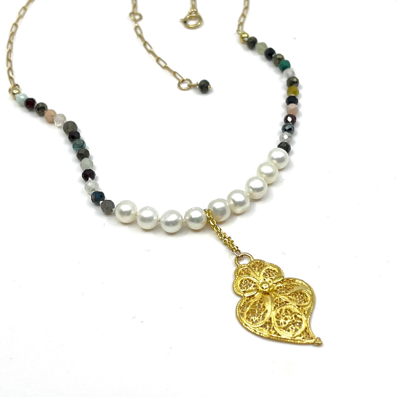 Necklace with a 24k Vermeil Filagree Heart pendant with pearls and gemstones