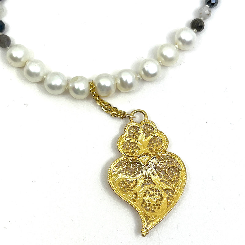 Necklace with a 24k Vermeil Filagree Heart pendant with pearls and gemstones_back side