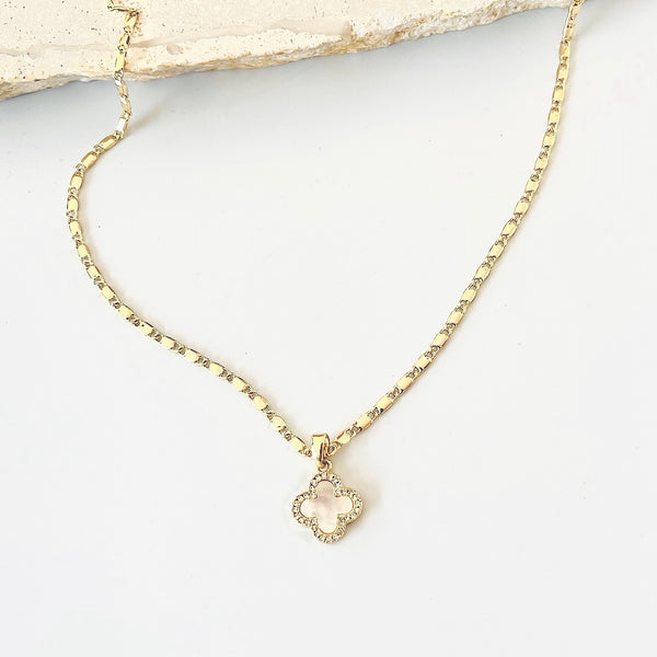 Gold Filled Flat Link Chain with MOP & CZ Clover  pendant_closer look